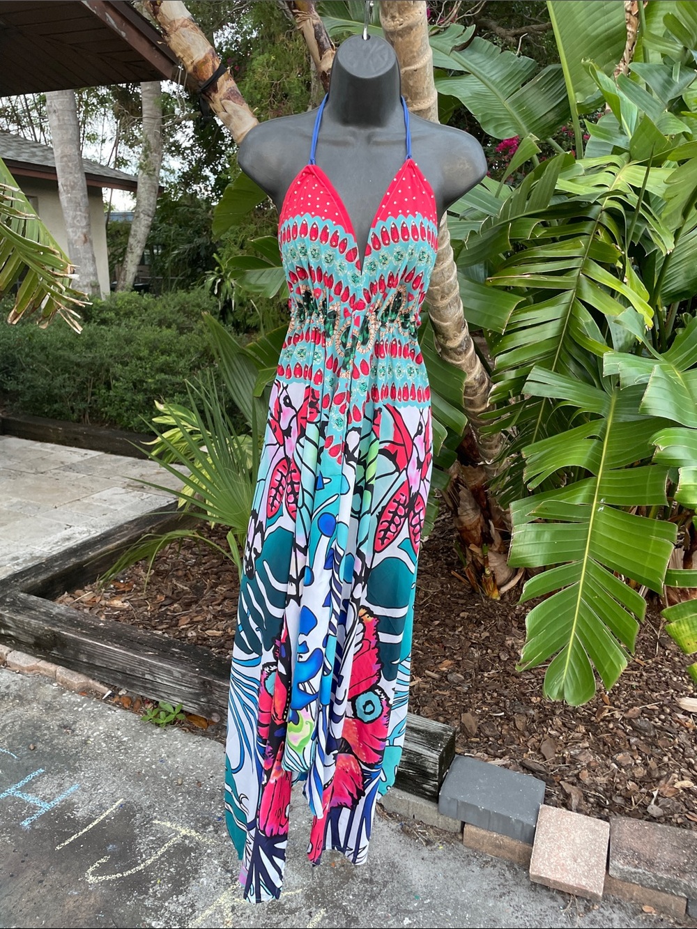 floral butterfly, tropical handkerchief, hem Bohemian dress